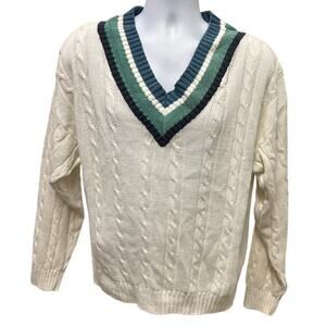 🧵 JED Wear V-Neck Cable Knit Sweater L – Vintage Tennis Ivy Preppy Style Tennis